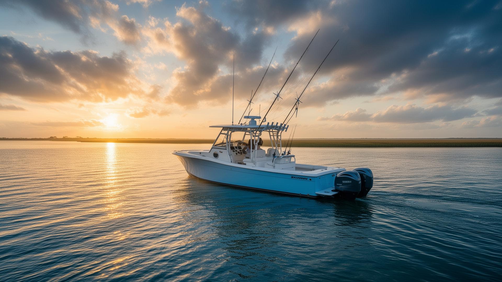 Charter boat on Galveston Bay at sunrise